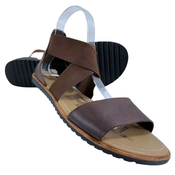 Sorel Ella Brown Leather Elastic Stretch Sandals Women’s Size 8 - Picture 1 of 9
